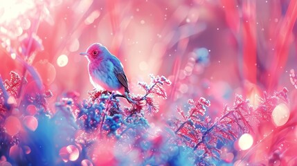 Poster -  A pink-and-blue bird perches on a branch amidst a field of pink-and-blue grass The background is adorned with bubbles of light emanating from