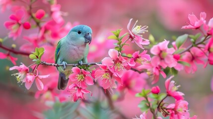 Wall Mural -  A small blue bird perches on a tree branch, surrounded by pink flowers in the foreground Background consists of blurred green leaves and pink blooms