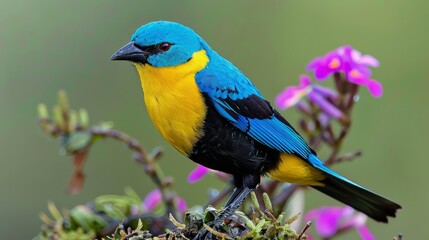  A blue, yellow, and black bird sits on a branch of a plant with purple flowers in the background The foreground displays a green backdrop subtly blurred