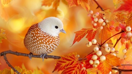 Poster -  A bird perches on a tree branch, surrounded by autumn leaves and berries in the foreground The backdrop comprises a vibrant blend of yellow, orange, and red leaves