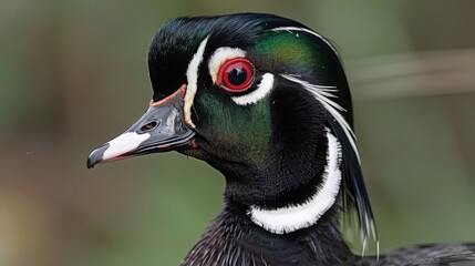 Wall Mural -  A tight shot of a bird with a green-and-white head and a black body, distinguished by a white stripe running across it, and vivid red eyes against a hazy backdrop