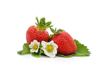 Wall Mural - Ripe strawberries with leaves and flowers.