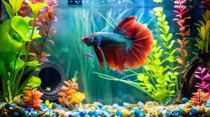 Poster - An ornate betta fish tank adorned with colorful decorations and live plants, providing a serene and natural habitat for these majestic fish.