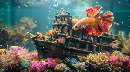 Wall Mural - An underwater view of a betta fish exploring a sunken shipwreck decoration in its aquarium, with colorful corals and artificial reefs.