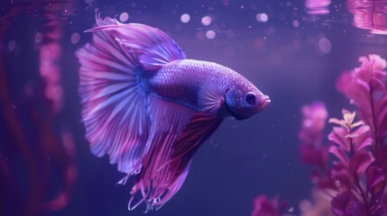 Poster - Close-up of a betta fish swimming gracefully in its tank, with iridescent scales shimmering under the aquarium lights.
