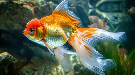 Poster - Close-up of a majestic goldfish with flowing fins and shimmering scales, gliding elegantly through the serene waters of its tank.