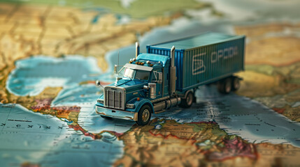 blue truck on the background of the map