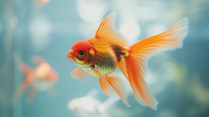 Poster - Close-up of a majestic goldfish with flowing fins and shimmering scales, gliding elegantly through the serene waters of its tank.