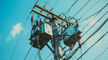 Poster - Close-up of an electrical transformer mounted on a utility pole, with power lines and cables branching out in different directions.