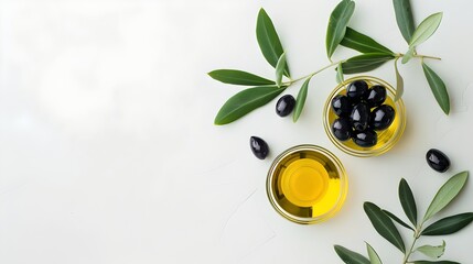 Wall Mural - Fresh olive oil with black olives and olive leaves on white background. Top view of organic ingredients. Natural and healthy food styling. Perfect for recipe ideas and blog posts. AI