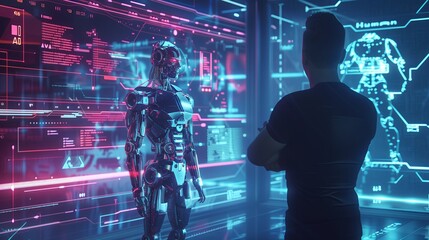 Poster - Technology futuristic robot science digital artificial cyborg future computer machine AI. Cyber white cybernetic man concept business intelligence. Android modern innovation