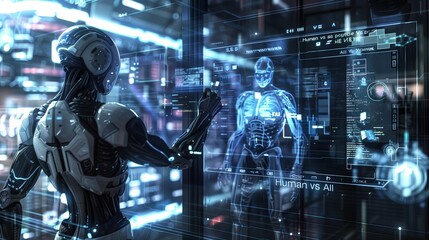 Poster - Futuristic technology concept with blue robot, artificial intelligence and cybernetic elements. Modern digital interface, machine and cyber background. Virtual android, tech,