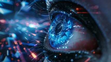 Poster - Futuristic digital technology with eye scan and secure vision. Human interface concept, biometric access and identity. Computer identification, view data display. Cyberspace