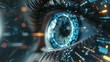 © valiantsin - Futuristic digital technology vision with eye scan. Future human secure concept, interface computer science view. Identity data display closeup, identification blue access.