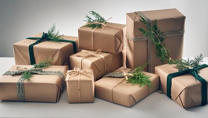 Wall Mural - assorted brown kraft paper wrapped gift boxes on white background cut out