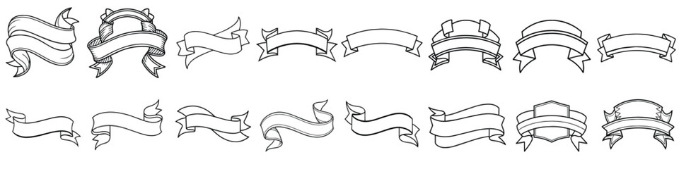 vector set of 16 vintage banner and ribbon designs in black outline