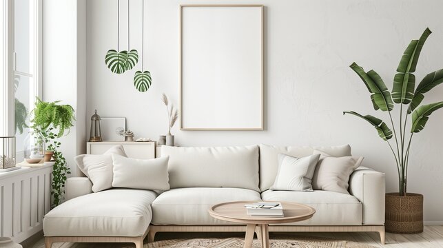 Art wall interior mockup in modern room, blank empty background with frame, picture artwork painting, furniture for home, floor design with sofa, style house, template in