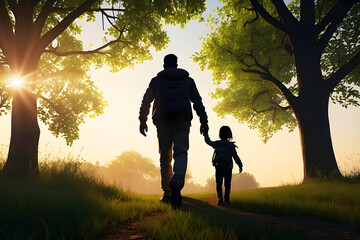 silhouette of a father and children holding hands while walking outdoors in the park.