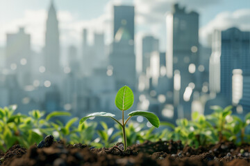 A small green plant is growing in a city