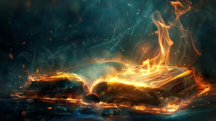 ancient magical book with burning pages fantasy concept illustration