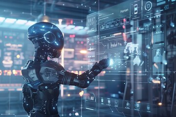Poster - Futuristic technology, digital robot with artificial intelligence. Business innovation, cyborg concept. Science and machine network, blue interface. Modern cyber system,
