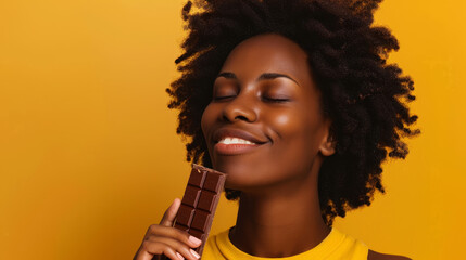 Wall Mural - A woman is holding a chocolate bar and smiling