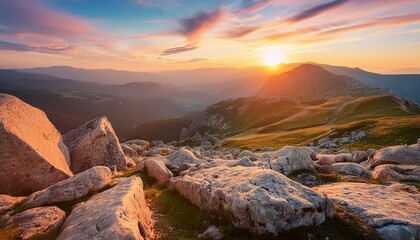 the epic landscape with weathered boulders at sunset natural background nature landscape wallpaper banner created using generative ai tools