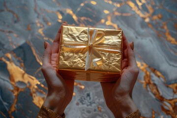 a person holding a gold wrapped present