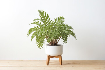 Wall Mural - Green plant in a white pot on a wooden stand against a white wall