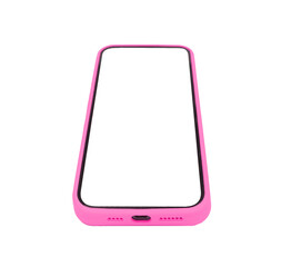 Poster - Phone mockup with white screen, case. Modern smartphone, template design, empty clear frame. Technology for digital app, online use. Bright colorful vertical display, tilt, transparent PNG
