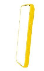 Poster - Phone mockup with yellow case, white screen. Modern smartphone, clear empty frame design, digital technology for app. Bright colorful vertical display, angle tilt perspective., transparent PNG