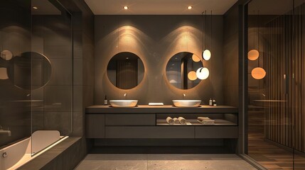 Poster - contemporary bathroom interior with sleek mirrors modern lighting and a stylish vanity sink architectural 3d visualization