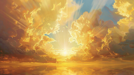 Wall Mural - A painting of a sun rising over a cloudy sky