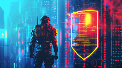 Wall Mural - A man in a suit is standing in front of a glowing red shield. The shield is surrounded by a cityscape with neon lights and buildings. The man is a soldier or a spy