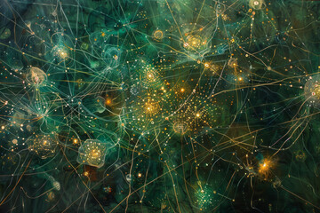 Poster - A painting of a green and yellow galaxy with many stars