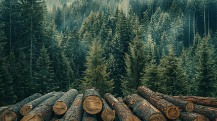 A forest with a lot of trees and a pile of logs