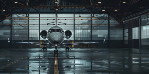 Private jet in spacious aircraft hangar. A sleek private jet parked in a spacious and modern aircraft hangar, illuminated by soft lighting, reflecting a luxury atmosphere. Banner with copy space