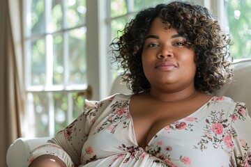 Confident woman with a gentle smile sitting indoors, natural light coming through the window.