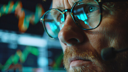 Poster - A man wearing glasses is looking at a computer screen with a frown on his face