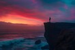 © Steven - Lone Figure Standing on Cliff Edge Overlooking Vibrant Sunset