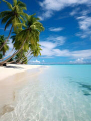 Illustration of ranquil beach scenes with white sand, clear blue water and palm trees