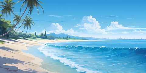Illustration of ranquil beach scenes with white sand, clear blue water and palm trees