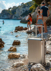 Wall Mural - A silver suitcase is sitting on a rocky beach next to the ocean. The scene is peaceful and serene, with the sound of waves crashing in the background.