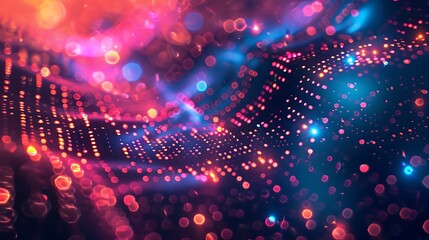 Vibrant abstract background with glowing particles and bokeh effect in a colorful digital landscape. 