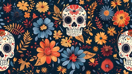 Colorful Day of the Dead-inspired pattern with decorative sugar skulls and vibrant flowers on a dark background. 