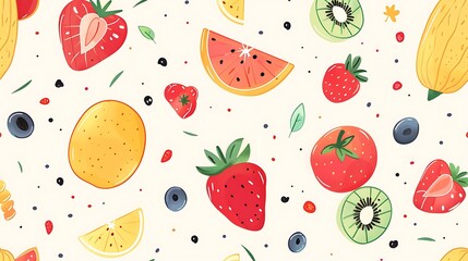 Colorful fruit pattern with a variety of illustrated fruits on a light background, perfect for a vibrant summer design theme. 