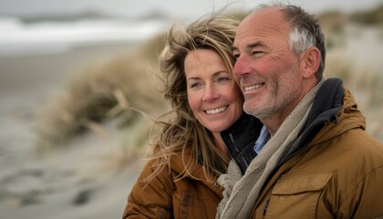 Wall Mural - A man and woman standing next to each other on a beach. AI.