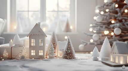 Wall Mural - Cozy winter scene with decorative miniature houses and trees in a soft, festive setting indoors 