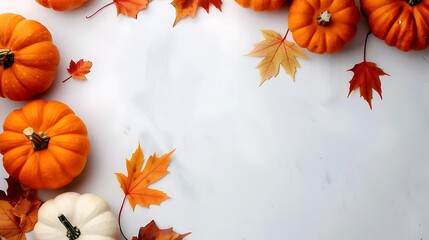 Wall Mural - Autumn composition with pumpkins and maple leaves on a white background, perfect for seasonal themes and holiday decorations 