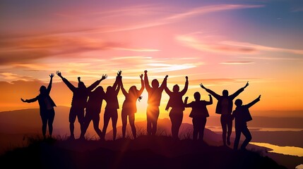 a group of people celebrating with raised arms against a vibrant sunset background.